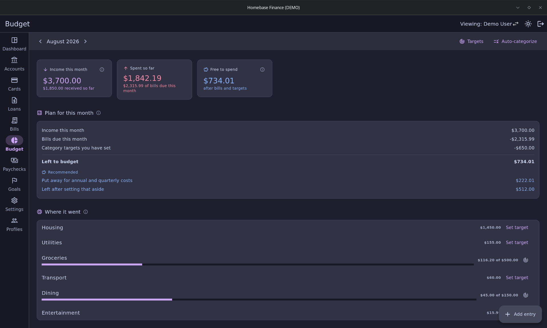 Budget screen showing income, spending and what's left for the month, with paychecks and bills posted automatically.
