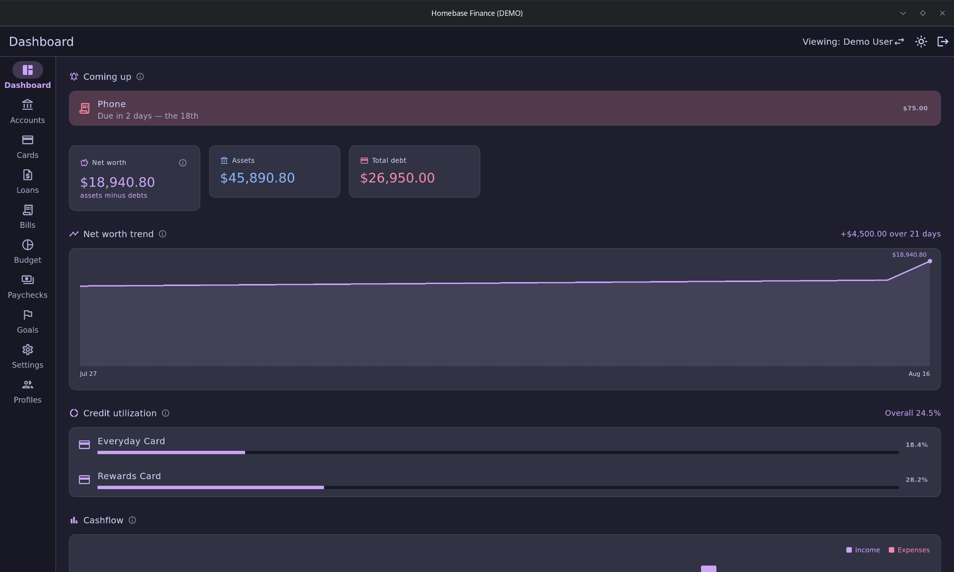 Homebase Money dashboard showing net worth trend, credit utilization, cashflow, upcoming bills and a credit score history chart.