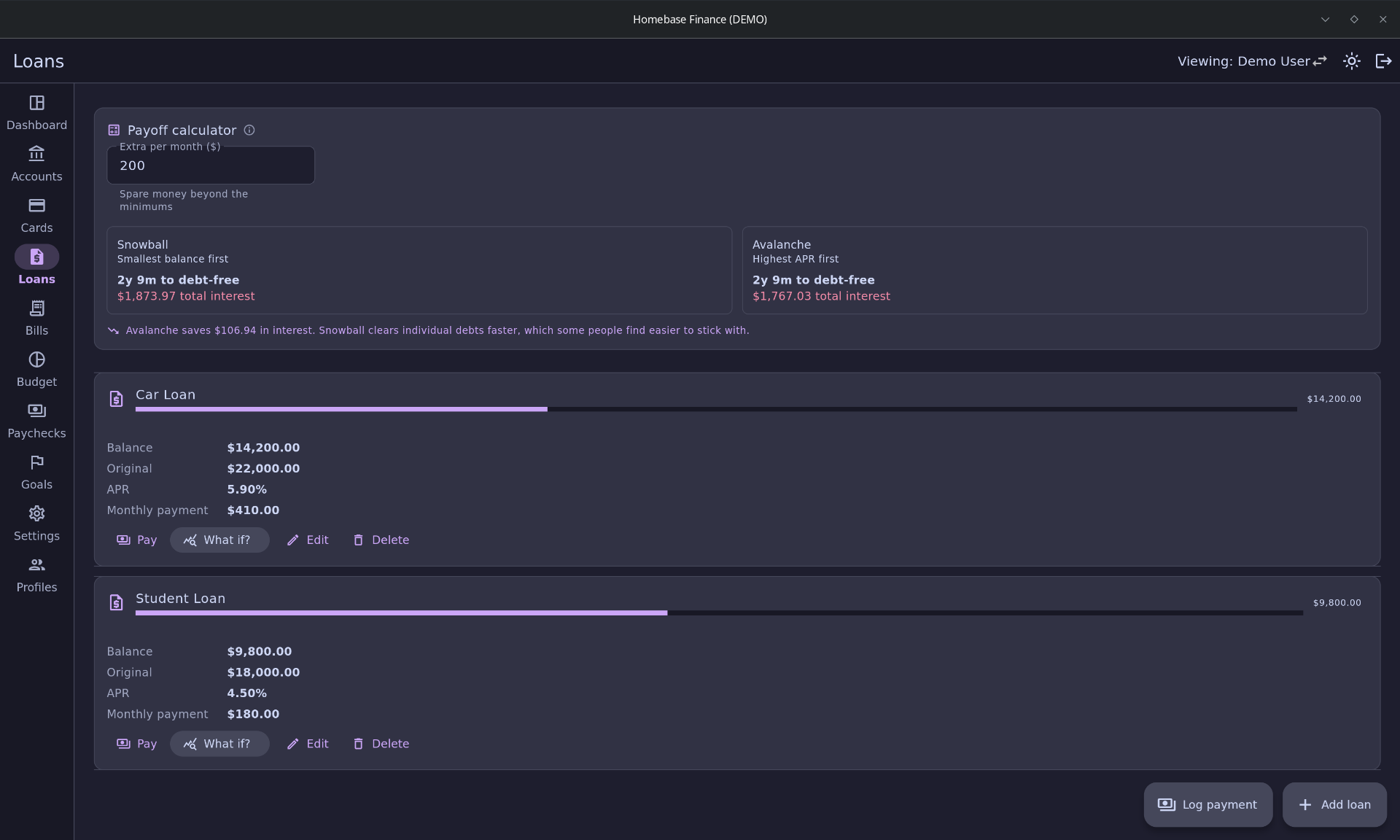 Loans screen with payoff progress, a snowball vs. avalanche comparison, and a slider simulator for extra monthly payments.