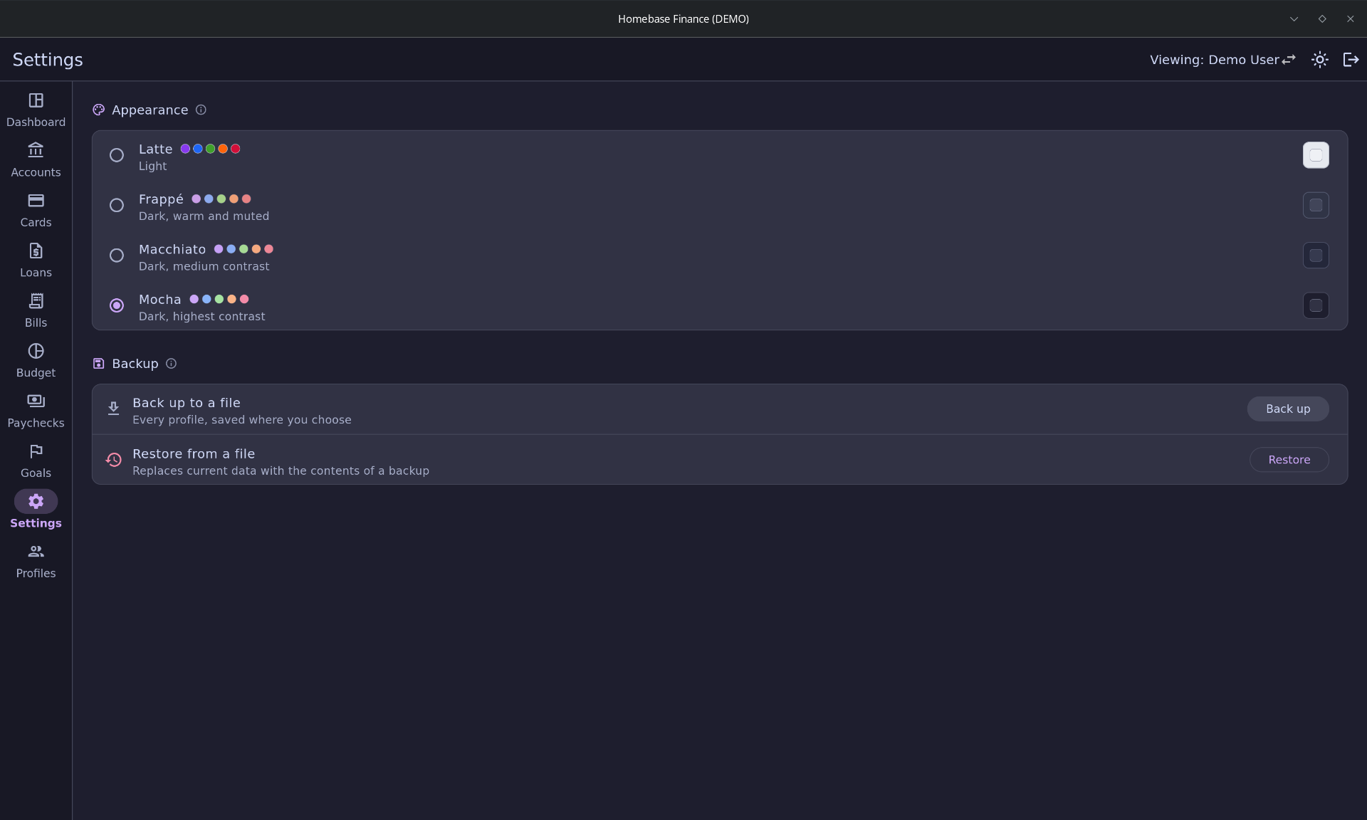 Settings screen with the theme picker showing the four Catppuccin flavors, and profile/backup controls.